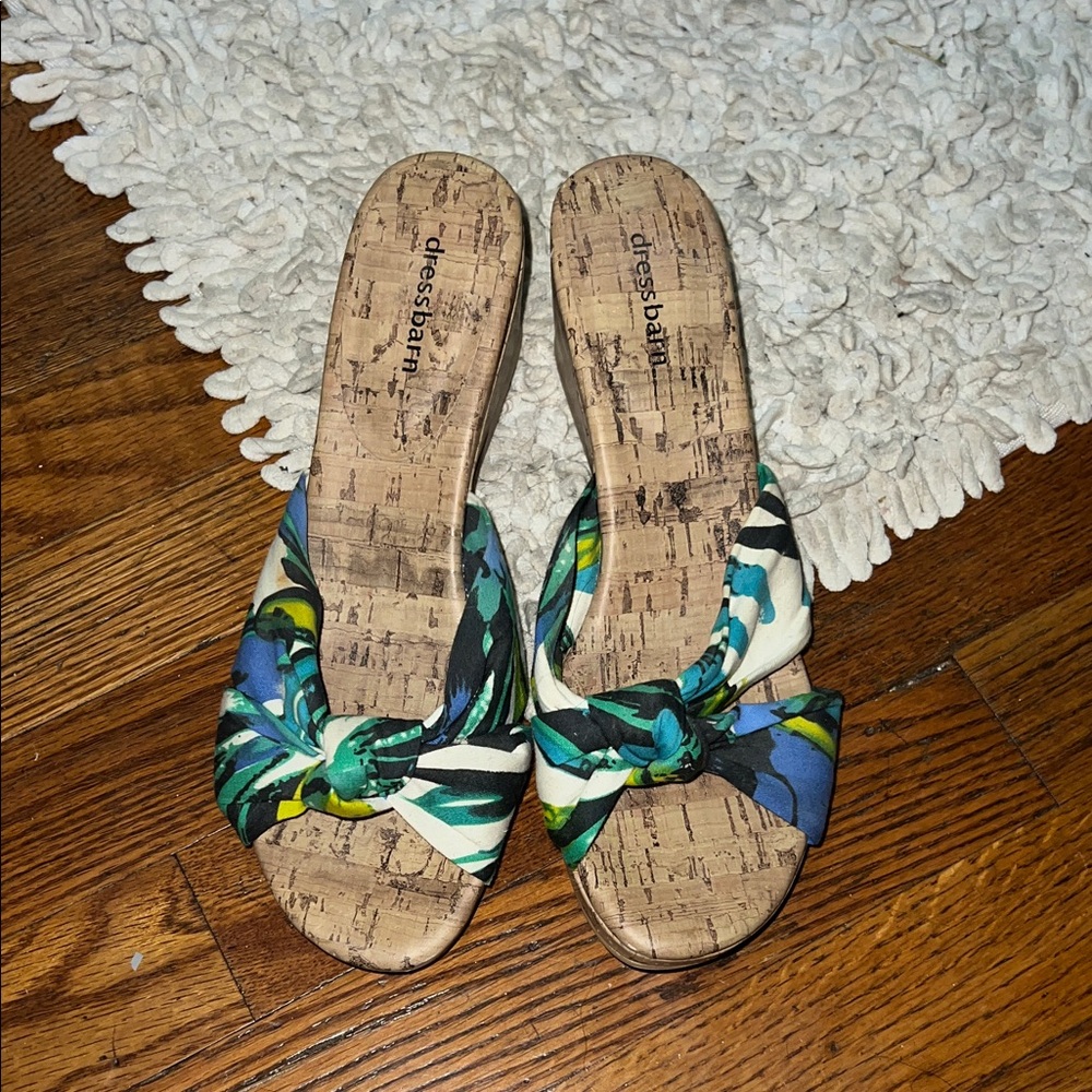 Dressbarn Women's Knotted Floral Cork Sandals - Blue and Green